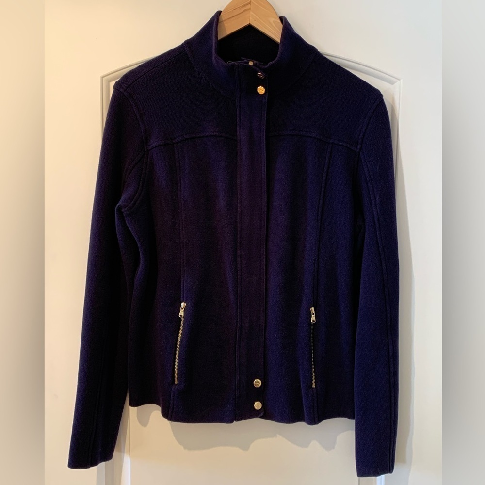 Lauren Active L-RL Cardigan Sweater Full Zip Navy Blue Size Large Small Repair